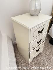 MaxSold Auction: White Solid Wood Nightstand with Lamp, 3 Drawers - Greater Sudbury (Ontario, Canada) PARTNER MANAGED Moving Online Auction - Regent Street (CONDO)
