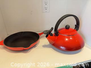 MaxSold Auction: Le Creuset Red Cast Iron Skillet 10-12 inch & Enameled Tea Kettle - Saanich (British Columbia, Canada) PARTNER MANAGED Moving Online Auction - Arbutus Road