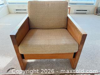 MaxSold Auction: Mid-Century Modern Beige Brown Wood Frame Armchair - Saanich (British Columbia, Canada) PARTNER MANAGED Moving Online Auction - Arbutus Road