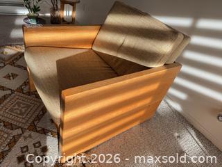 MaxSold Auction: Mid-Century Modern Wood Frame Armchair, Tan Fabric - Saanich (British Columbia, Canada) PARTNER MANAGED Moving Online Auction - Arbutus Road