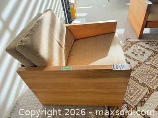 MaxSold Auction: Mid-Century Modern Wood Frame Armchair, Tan Fabric - Saanich (British Columbia, Canada) PARTNER MANAGED Moving Online Auction - Arbutus Road