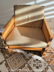 MaxSold Auction: Mid-Century Modern Wood Frame Armchair, Tan Fabric - Saanich (British Columbia, Canada) PARTNER MANAGED Moving Online Auction - Arbutus Road