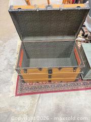 MaxSold Auction: Honey Golden Oak Wood Steamer Trunk with Metal Hardware - East Brunswick (New Jersey, USA) SELLER MANAGED Reseller Online Auction - Tices Lane