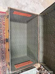 MaxSold Auction: Honey Golden Oak Wood Steamer Trunk with Metal Hardware - East Brunswick (New Jersey, USA) SELLER MANAGED Reseller Online Auction - Tices Lane