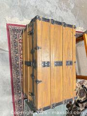 MaxSold Auction: Honey Golden Oak Wood Steamer Trunk with Metal Hardware - East Brunswick (New Jersey, USA) SELLER MANAGED Reseller Online Auction - Tices Lane