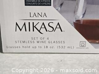 MaxSold Auction: M042 - Mikasa Lana Stemless Wine Glasses - Three Glasses in Lot - New - Read Comments - Whitby (Ontario, Canada) SELLER MANAGED Reseller Online Auction - Taunton Road East (STORAGE)