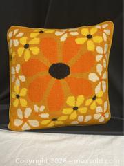 MaxSold Auction: Retro 1960s Vintage Floral Embroidered Throw Pillow with Orange Center Flower - Campbell (California, USA) SELLER MANAGED Downsizing Online Auction - Dell Avenue