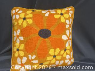 MaxSold Auction: Retro 1960s Vintage Floral Embroidered Throw Pillow with Orange Center Flower - Campbell (California, USA) SELLER MANAGED Downsizing Online Auction - Dell Avenue