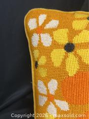 MaxSold Auction: Retro 1960s Vintage Floral Embroidered Throw Pillow with Orange Center Flower - Campbell (California, USA) SELLER MANAGED Downsizing Online Auction - Dell Avenue