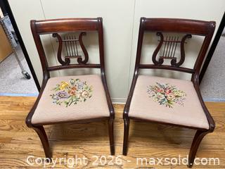MaxSold Auction: Vintage Mahogany Lyre Back Chair with Needlepoint Seat Pair - Campbell (California, USA) SELLER MANAGED Downsizing Online Auction - Dell Avenue