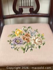 MaxSold Auction: Vintage Mahogany Lyre Back Chair with Needlepoint Seat Pair - Campbell (California, USA) SELLER MANAGED Downsizing Online Auction - Dell Avenue