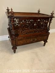 MaxSold Auction: Late Victorian Burr Walnut Canterbury with drawer, porcelain castors, fretwork galley. - Ancaster (Ontario, Canada) SELLER MANAGED Downsizing Online Auction - Galley Rd