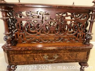 MaxSold Auction: Late Victorian Burr Walnut Canterbury with drawer, porcelain castors, fretwork galley. - Ancaster (Ontario, Canada) SELLER MANAGED Downsizing Online Auction - Galley Rd