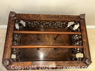 MaxSold Auction: Late Victorian Burr Walnut Canterbury with drawer, porcelain castors, fretwork galley. - Ancaster (Ontario, Canada) SELLER MANAGED Downsizing Online Auction - Galley Rd
