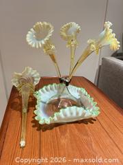 MaxSold Auction: Victorian-Style Glass Epergne Centerpiece with Brass Holder - Ancaster (Ontario, Canada) SELLER MANAGED Downsizing Online Auction - Galley Rd