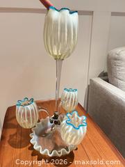 MaxSold Auction: Victorian-Style Glass Epergne with Four Vases, Blue Rim - Ancaster (Ontario, Canada) SELLER MANAGED Downsizing Online Auction - Galley Rd