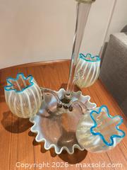 MaxSold Auction: Victorian-Style Glass Epergne with Four Vases, Blue Rim - Ancaster (Ontario, Canada) SELLER MANAGED Downsizing Online Auction - Galley Rd