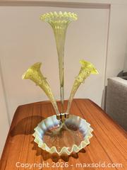 MaxSold Auction: Yellow Vaseline Art Glass Epergne Victorian-style Centerpiece - Ancaster (Ontario, Canada) SELLER MANAGED Downsizing Online Auction - Galley Rd
