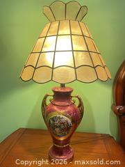 MaxSold Auction: Burgundy Porcelain Table Lamp with Capiz Shell Shade, Gold Accents - New Westminster (British Columbia, Canada) SELLER MANAGED Estate Sale Online Auction - Jamieson Court