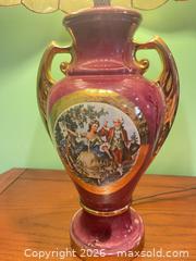 MaxSold Auction: Burgundy Porcelain Table Lamp with Capiz Shell Shade, Gold Accents - New Westminster (British Columbia, Canada) SELLER MANAGED Estate Sale Online Auction - Jamieson Court