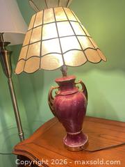 MaxSold Auction: Burgundy Porcelain Table Lamp with Capiz Shell Shade, Gold Accents - New Westminster (British Columbia, Canada) SELLER MANAGED Estate Sale Online Auction - Jamieson Court