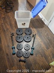 MaxSold Auction: Adjustable Dumbbell/Barbell Set with Storage Bin & Fixed Dumbbells - Toronto (Ontario, Canada) SELLER MANAGED Moving Online Auction - Enfield Avenue
