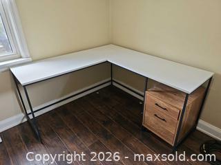 MaxSold Auction: L-shaped Desk with White Laminate Top, 2 Drawers, Metal Frame - Toronto (Ontario, Canada) SELLER MANAGED Moving Online Auction - Enfield Avenue