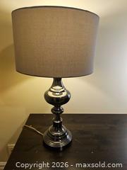 MaxSold Auction: Modern Silver Chrome Metal Table Lamp with Gray Fabric Shade - Toronto (Ontario, Canada) SELLER MANAGED Moving Online Auction - Enfield Avenue