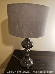 MaxSold Auction: Modern Silver Chrome Metal Table Lamp with Gray Fabric Shade - Toronto (Ontario, Canada) SELLER MANAGED Moving Online Auction - Enfield Avenue