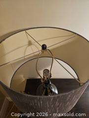 MaxSold Auction: Modern Silver Chrome Metal Table Lamp with Gray Fabric Shade - Toronto (Ontario, Canada) SELLER MANAGED Moving Online Auction - Enfield Avenue