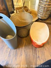 MaxSold Auction: Orange/Gray Plastic/ black polka dot and Metal Trash/Waste Bin - Toronto (Ontario, Canada) SELLER MANAGED Moving Online Auction - Enfield Avenue