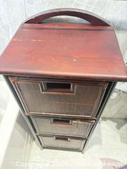 MaxSold Auction: Rustic Dark Brown Rattan & Wood 3-Drawer Cabinet - Toronto (Ontario, Canada) SELLER MANAGED Moving Online Auction - Enfield Avenue