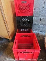 MaxSold Auction: Set of 5 * Plastic Milk Crates, Red & Black, Stackable - Toronto (Ontario, Canada) SELLER MANAGED Moving Online Auction - Enfield Avenue