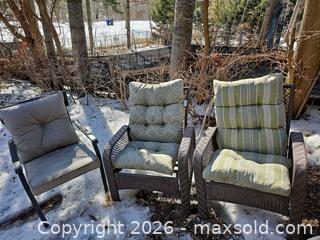 MaxSold Auction: Set of Three Patio Outdoor Chairs with Cushions - Toronto (Ontario, Canada) SELLER MANAGED Moving Online Auction - Enfield Avenue