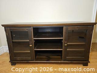 MaxSold Auction: Solid Wood Espresso TV Stand with Glass Doors & Open Shelves 54x20x28 1/2 - Toronto (Ontario, Canada) SELLER MANAGED Moving Online Auction - Enfield Avenue