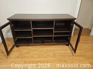 MaxSold Auction: Solid Wood Espresso TV Stand with Glass Doors & Open Shelves 54x20x28 1/2 - Toronto (Ontario, Canada) SELLER MANAGED Moving Online Auction - Enfield Avenue