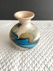 MaxSold Auction: VASE, southwest style -small Tan, Blue & Gold Ceramic Marble-Pattern  - Phoenixville (Pennsylvania, USA) SELLER MANAGED Estate Sale Online Auction - Vanderslice Street