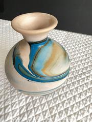 MaxSold Auction: VASE, southwest style -small Tan, Blue & Gold Ceramic Marble-Pattern  - Phoenixville (Pennsylvania, USA) SELLER MANAGED Estate Sale Online Auction - Vanderslice Street