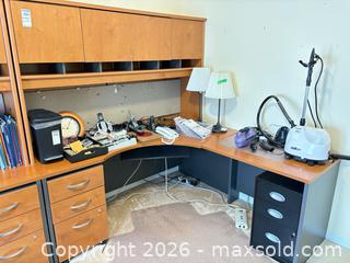 MaxSold Auction: L-shaped Wood Veneer Laminate Desk with Hutch and Pedestal C - Ottawa (Ontario, Canada) PARTNER MANAGED Downsizing Online Auction - Topley Crescent