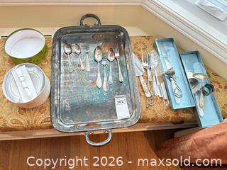 MaxSold Auction: Silver-Plated & Stainless Serving Tray with Flatware & Utensils A - Ottawa (Ontario, Canada) PARTNER MANAGED Downsizing Online Auction - Topley Crescent