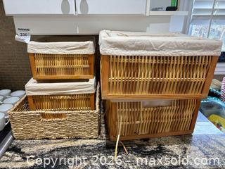MaxSold Auction: Wicker and Wood Frame Storage Basket with Fabric Liner A - Ottawa (Ontario, Canada) PARTNER MANAGED Downsizing Online Auction - Topley Crescent