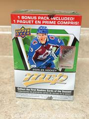 MaxSold Auction: 2025-26 Upper Deck Hockey Blaster Box (11 Packs), plus 2 packs - Welland (Ontario, Canada) SELLER MANAGED Reseller Online Auction - Young Road