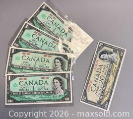 MaxSold Auction: (1) Vintage 1954 Canadian $20 Bill & (4) Vintage 1967 Canadian $1 Bills  - Toronto (Ontario, Canada) PARTNER MANAGED Reseller Online Auction - Queen Street West