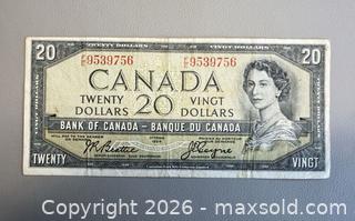 MaxSold Auction: (1) Vintage 1954 Canadian $20 Bill & (4) Vintage 1967 Canadian $1 Bills  - Toronto (Ontario, Canada) PARTNER MANAGED Reseller Online Auction - Queen Street West