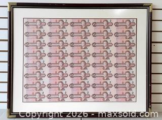 MaxSold Auction: Vintage Framed 1986 Uncut Sheet Of 40 Canadian $2 Bills (Birds Of Canada Series) - Toronto (Ontario, Canada) PARTNER MANAGED Reseller Online Auction - Queen Street West