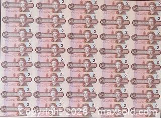 MaxSold Auction: Vintage Framed 1986 Uncut Sheet Of 40 Canadian $2 Bills (Birds Of Canada Series) - Toronto (Ontario, Canada) PARTNER MANAGED Reseller Online Auction - Queen Street West