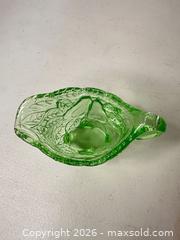 MaxSold Auction: Green Pressed Glass Creamer with Molded Leaf & Fruit Pattern - San Jose (California, USA) SELLER MANAGED Downsizing Online Auction - East Humboldt Street