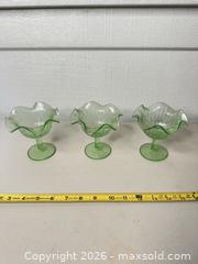 MaxSold Auction: Set of 3 Green Glass Compotes - San Jose (California, USA) SELLER MANAGED Downsizing Online Auction - East Humboldt Street