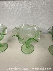 MaxSold Auction: Set of 3 Green Glass Compotes - San Jose (California, USA) SELLER MANAGED Downsizing Online Auction - East Humboldt Street
