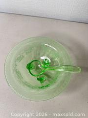 MaxSold Auction: Vintage Green Glass Footed Bowl with Spoon - San Jose (California, USA) SELLER MANAGED Downsizing Online Auction - East Humboldt Street